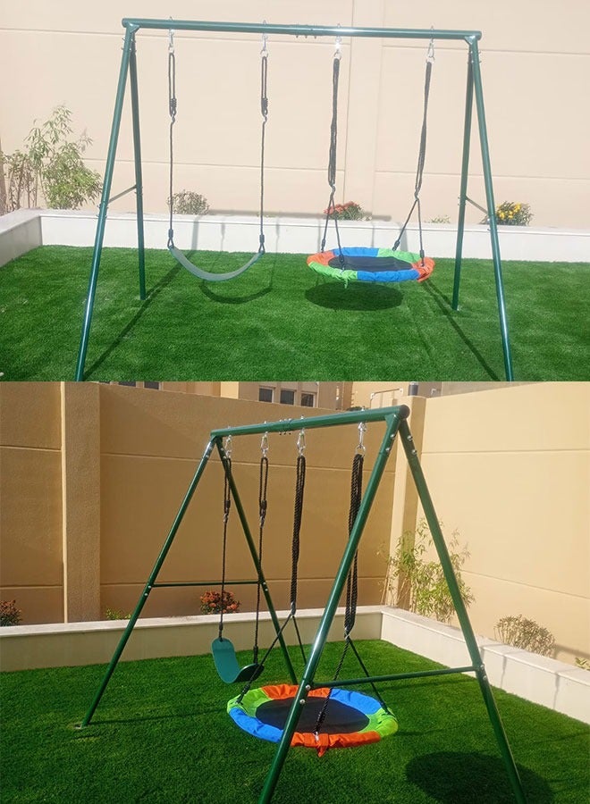 JSAITOYS Two Seat Swing Set for Backyard Heavy Duty A-Frame Metal Stand with 1 Saucer and Belt Swing Seats - Image 5